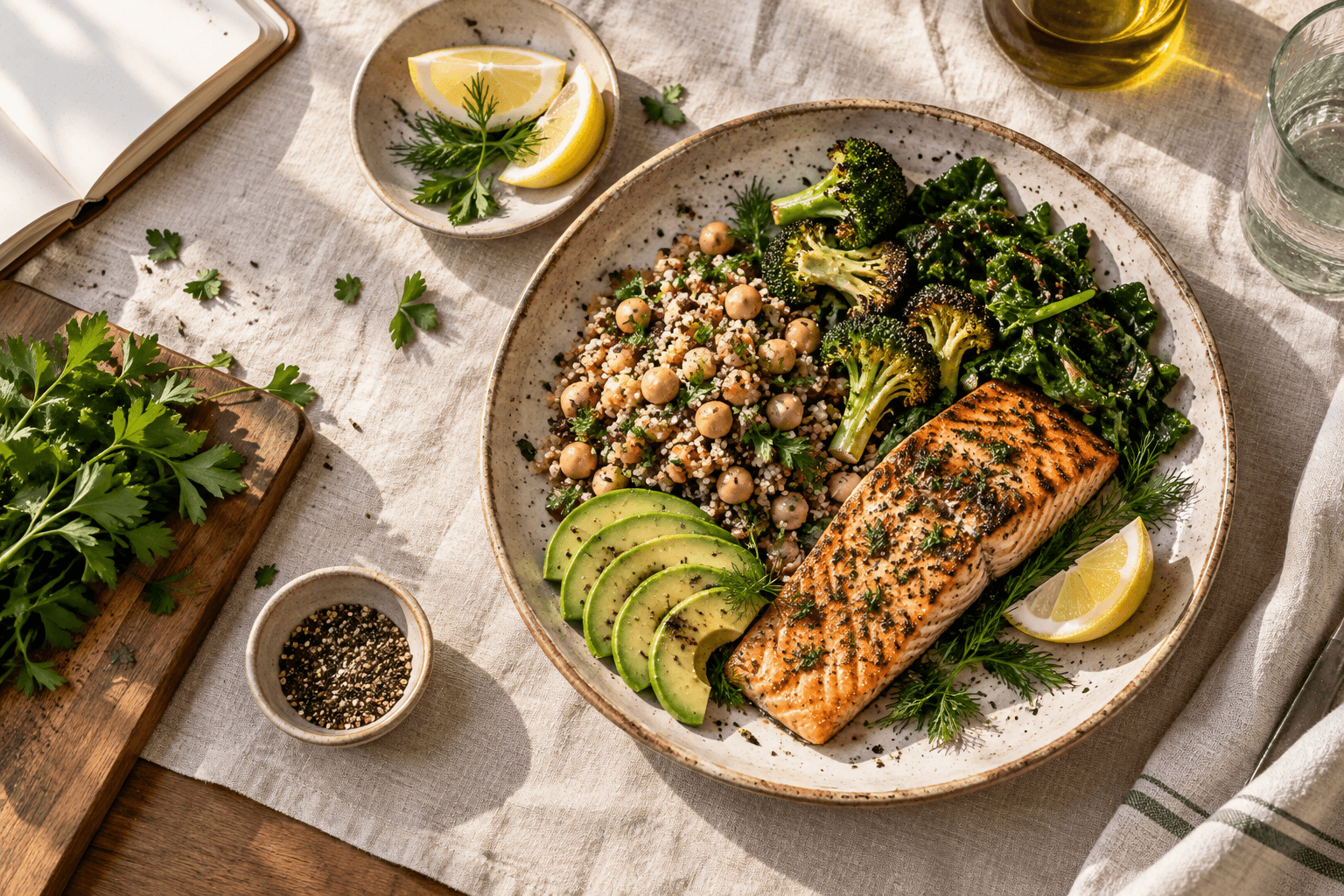 A balanced meal with salmon, greens, quinoa, chickpeas, broccoli, and avocado
